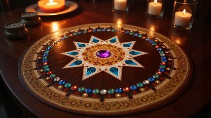 Candlelit star mandala surrounded by gemstones on a wooden table