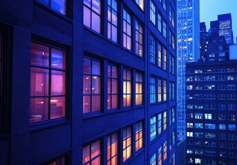 Obraz premium Vibrant Nighttime Cityscape with Illuminated Windows Reflecting Colorful Light Patterns in Modern Urban Architecture