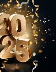 2025 New Year 3D Black Background with Ribbon AI Image