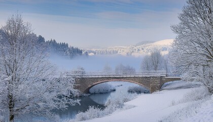 눈 덮인 작은 다리와 얼어붙은 계곡