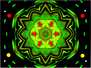 A kaleidoscopic pattern radiates with intricate symmetry, featuring green, red, and yellow hues against a black background, Geometric shapes create a mesmerizing optical effect. 