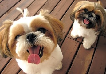 Adorable Shih Tzu Dogs with Playful Expressions on Wooden Deck, Perfect for Pet Lovers and Animal Enthusiasts in Various Settings and Projects