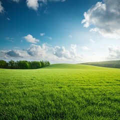 Naklejka premium Green Field Beautiful Mount Sky and River Background AI Image