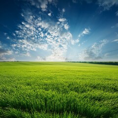 Fototapeta premium Green Field Beautiful Mount Sky and River Background AI Image