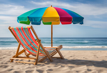 beach umbrella and chairs on sandy shore under clear blue skies