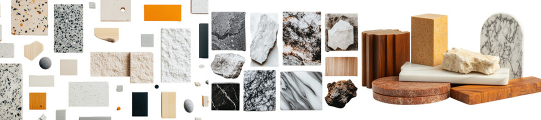 Material board with different marble and granite samples, isolated on a transparent background. 