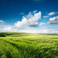 Obraz premium Green Field Beautiful Mount Sky and River Background AI Image