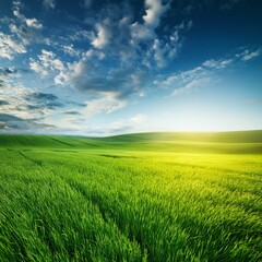 Obraz premium Green Field Beautiful Mount Sky and River Background AI Image