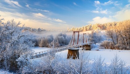 눈 덮인 작은 다리와 얼어붙은 계곡