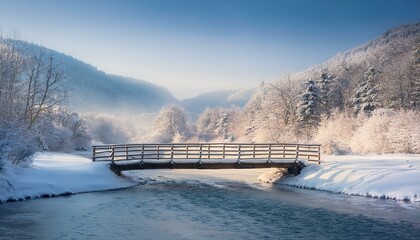 Obraz premium 눈 덮인 작은 다리와 얼어붙은 계곡