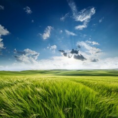 Fototapeta premium Green Field Beautiful Mount Sky and River Background AI Image