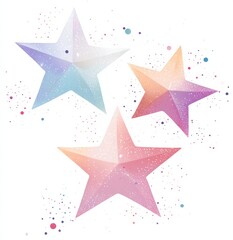 Obraz premium Three pastel-colored stars on a white background, with small dots and particles suggesting digital technology