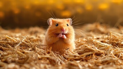 A cute hamster sits among straw, curiously nibbling, with a warm, golden background creating a cozy atmosphere.