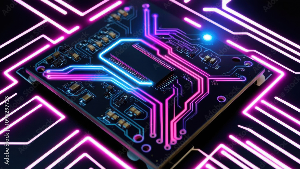 Poster top view of integrated circuit with glowing circuit patterns, showcasing futuristic design in neon t