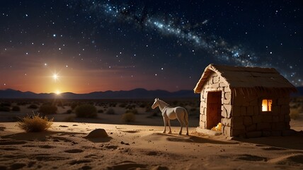 Nativity Of Jesus Christ - Comet Star And Stable - Scene With The Holy Family In Desert At Night - Abstract Defocused Background