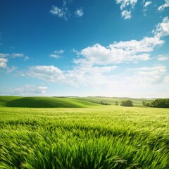 Obraz premium Green Field Beautiful Mount Sky and River Background AI Image
