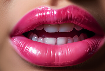 Obraz premium Close-up of a woman's mouth with shiny pink lips and tongue sticking out against a neutral background