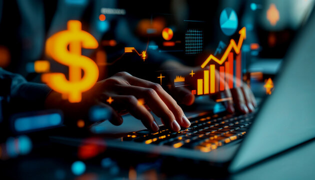 A person's hands typing on a laptop keyboard, with various financial and business icons and graphs overlaid on the image, suggesting an analysis or planning of financial data
