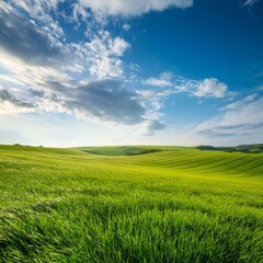 Obraz premium Green Field Beautiful Mount Sky and River Background AI Image