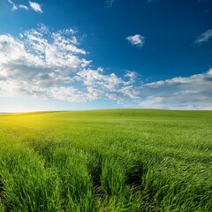 Obraz premium Green Field Beautiful Mount Sky and River Background AI Image