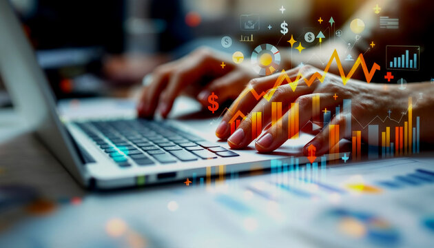 A person's hands typing on a laptop keyboard, with various financial and business icons and graphs overlaid on the image, suggesting an analysis or planning of financial data