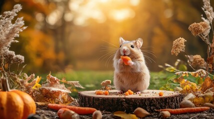 A cute hamster munches on a carrot, surrounded by autumn foliage, pumpkins, and cozy seasonal decor in a serene outdoor setting.