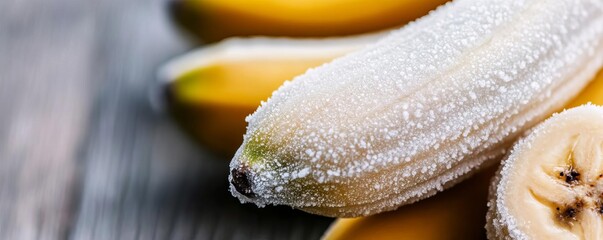 Frozen banana detail, surface shimmering with frost crystals under soft ambient light, banana icy texture, frozen beauty