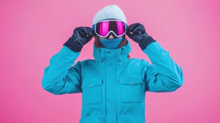 Snowboarder fun woman wear blue suit hat ski padded jacket hold take off goggles mask isolated on plain pastel pink background. Winter extreme sport hobby weekend trip relax concept