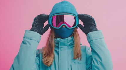 Snowboarder fun woman wear blue suit hat ski padded jacket hold take off goggles mask isolated on plain pastel pink background. Winter extreme sport hobby weekend trip relax concept