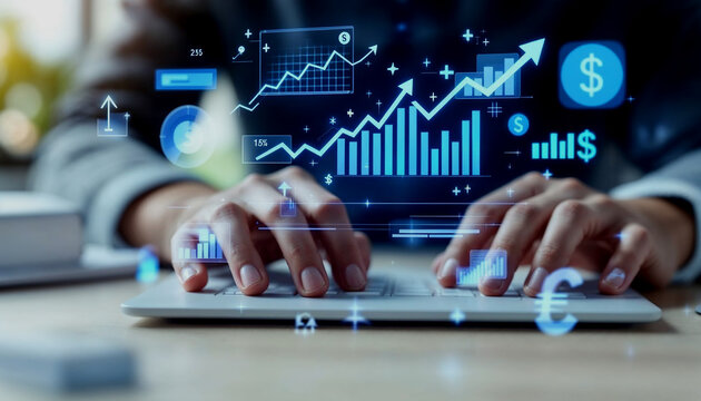 A person's hands typing on a laptop keyboard, with various financial and business icons and graphs overlaid on the image, suggesting an analysis or planning of financial data