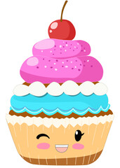 cupcake with cherry in cute illustration 