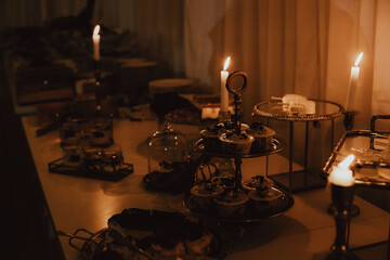 Table with sweets, food at a party, sweet table, sugar, diabetes, sugar addiction, confectioner, wedding attractions, overweight, night food, candles 