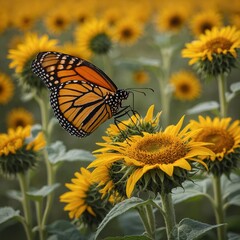Obraz premium A vibrant monarch butterfly resting on a sunflower in a golden meadow.