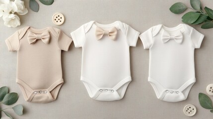 Vintage baby bodysuit mockup concept. Three adorable baby onesies in neutral tones, featuring cute bow accents, displayed on a textured background with decorative elements.
