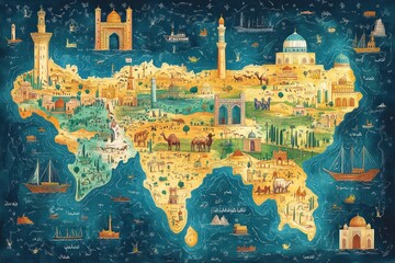 Artistic Map Depicting Central Asian Landmarks And Vessels