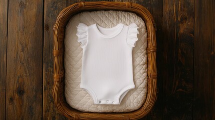 Vintage baby bodysuit mockup concept. A soft, white baby onesie with ruffled sleeves is displayed in a woven basket on a rustic wooden surface.