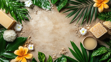 Natural Spa Products with Flowers and Green Leaves on a Rustic Background