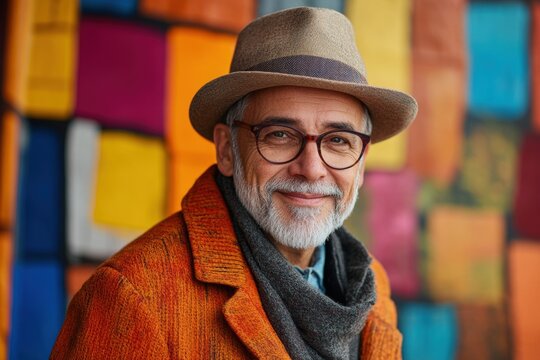 retirement celebration, happy retiree poses with pop art decor in the background, offering room for a personalized message on a banner