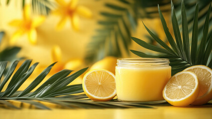 Tropical Lemon Balm Jar with Sliced Lemons and Palm Leaves on Yellow Background

