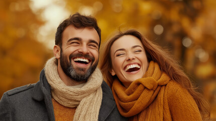 A couple enjoys a light moment, laughing heartily amidst beautiful autumn leaves