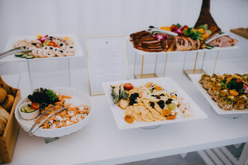 Plate with cheese, Salomon and meat: Table with sweets, food at a party, sweet table, sugar, diabetes, sugar addiction, confectioner, wedding attractions, overweight,