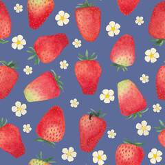Seamless pattern with strawberry flower on a blue background.Watercolor hand drawn illustration
