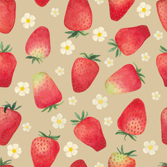 Strawberry seamless pattern on beige background. Watercolor background with sweet red berry.