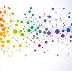 Vector background of interconnected circles and dots representing network connections on a white background, with a colorful palette of light grey, yellow, blue-green, orange, purple, and pink