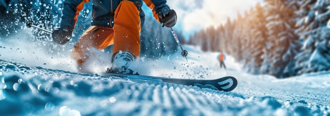 Naklejka premium Skier carving through fresh powder on a sunny winter day in the mountains