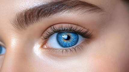 Obraz premium Close-up of a woman's bright blue eye with long lashes and defined eyebrows.