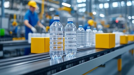 Naklejka premium By sorting and processing plastic bottles, the recycling plant illustrates the circular economy and efforts to reduce waste.