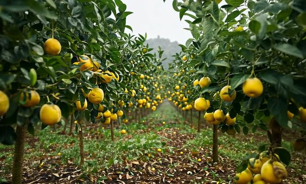 Lush citrus grove brimming with ripe, yellow pomelos ready for harvest.