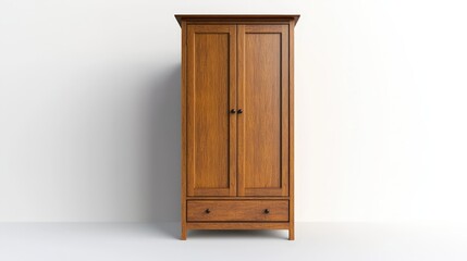 Vintage wooden wardrobe with closed doors against minimalist background