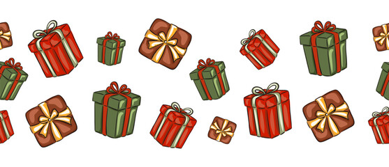 Gitf boxes presents seamless border line, edging ribbon design for Christmas decor,